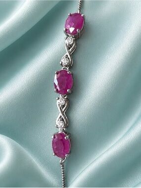 Genuine Pinkish-Red African ruby & Moissanite bolo bracelet. S925 setting.